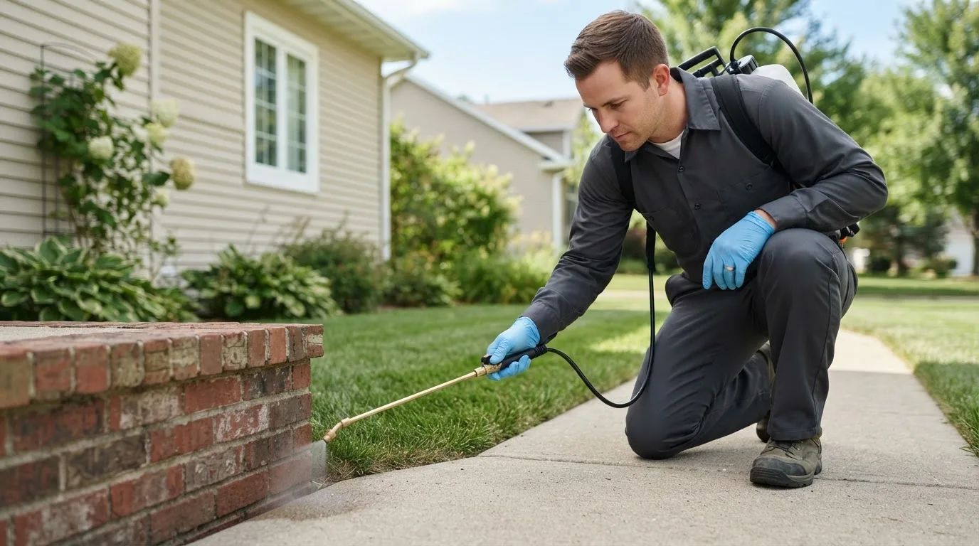Pest control technician treating a home near Bisbee, ND