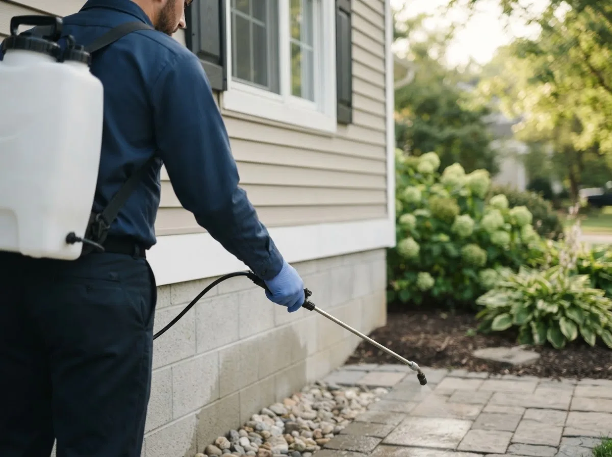 Pest control technician inspecting a home in Bisbee, ND